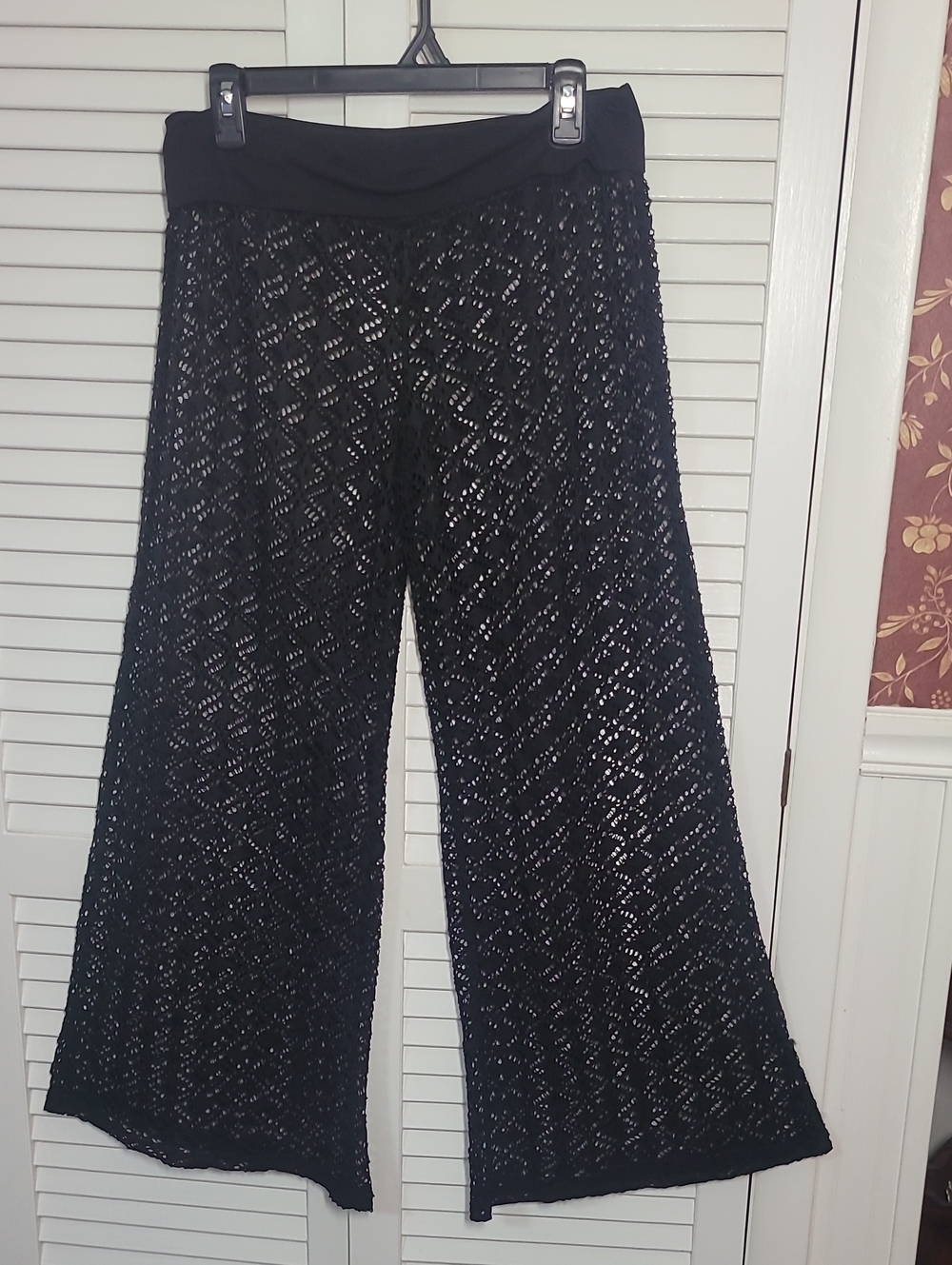 Solitaire Swim Black Crochet Wide Leg Elegant Women's Cover Up. 28 Inches Long.